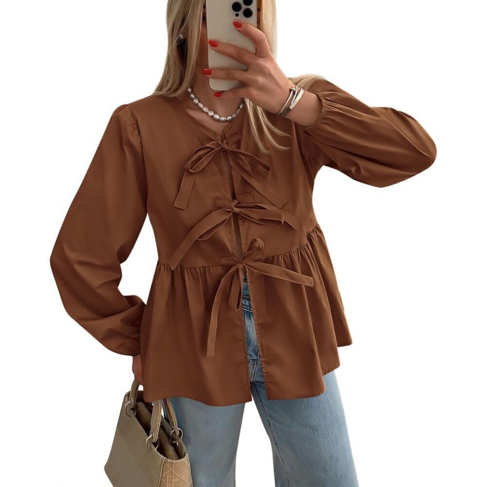 Women's Cotton Lyocell Peplum Blouse Long Sleeve Bow Tie Fall Top